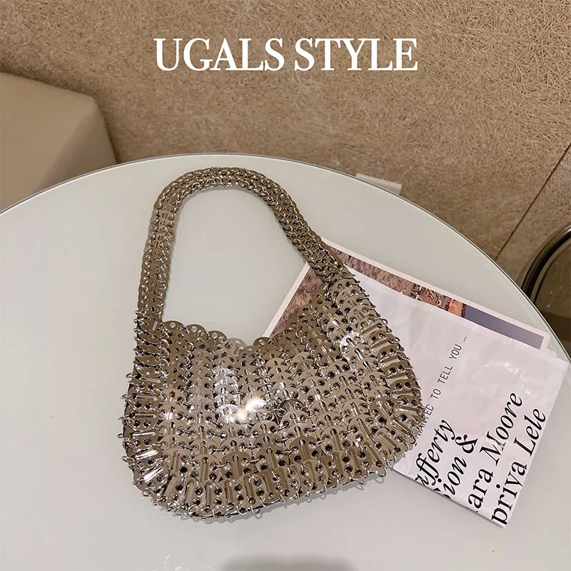 

Metal Shiny Handwoven Sequin Dumpling Shoulder Underarm Bag Mobile Phone Bag Women's Handbag Evening Bling Bag Messenger Bag