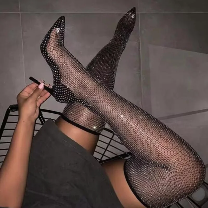 

Luxury Bling Bling Crystal Net Women Over The Knee Boots Glittering Stiletto Heel Mesh See Through Tight High Boots Plus Size 13