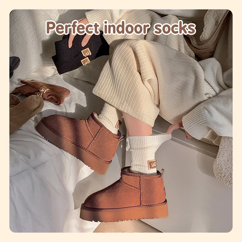 Winter Warm Velvet Thickened Pile Socks Multicolor Embroidered Mid Calf Length Socks Brown Casual Cotton Comfortable Footwear