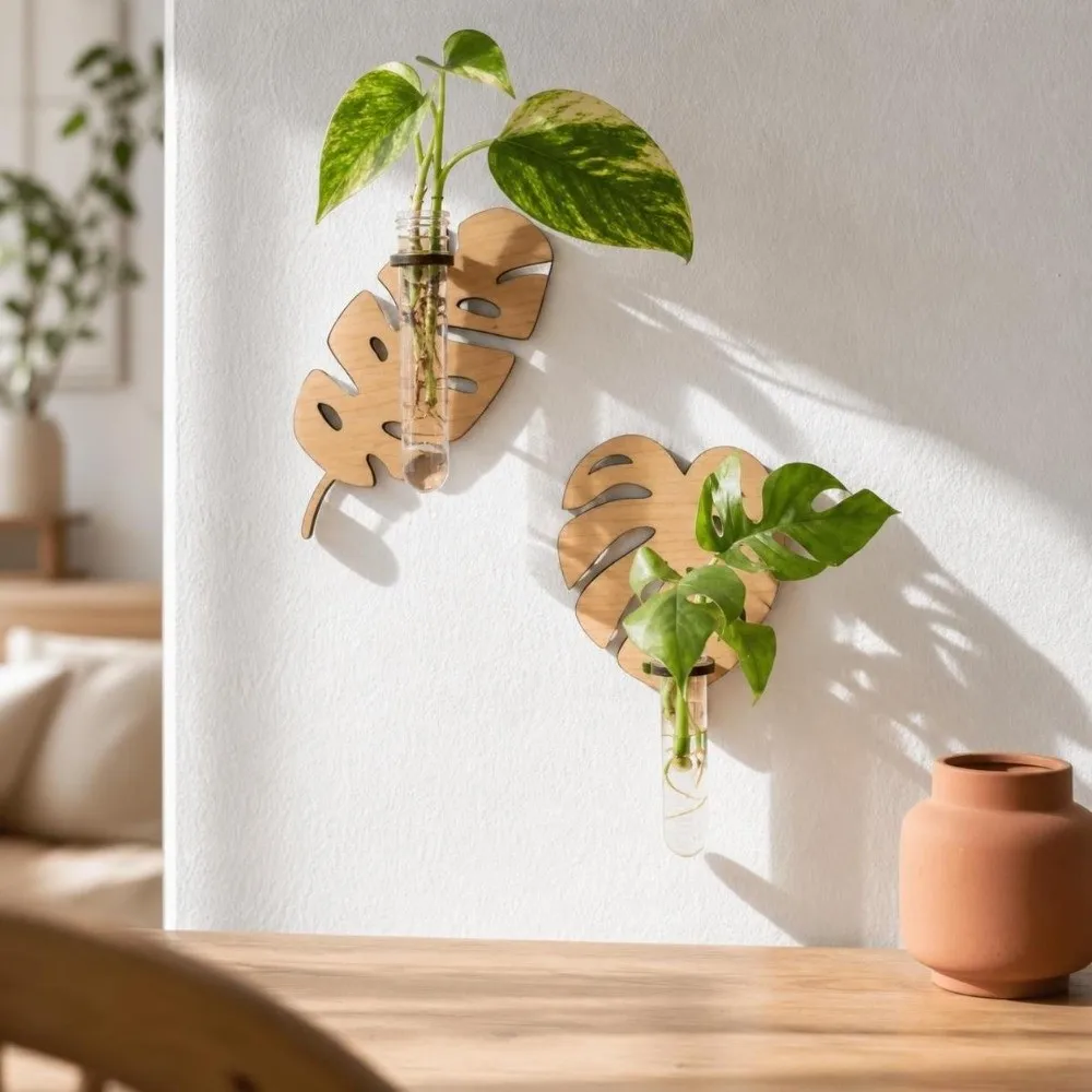 Wooden Hydroponic Planter Shelf Home Ornaments Leaf Shape Wall Mounted Planter Geometric Hollow Out