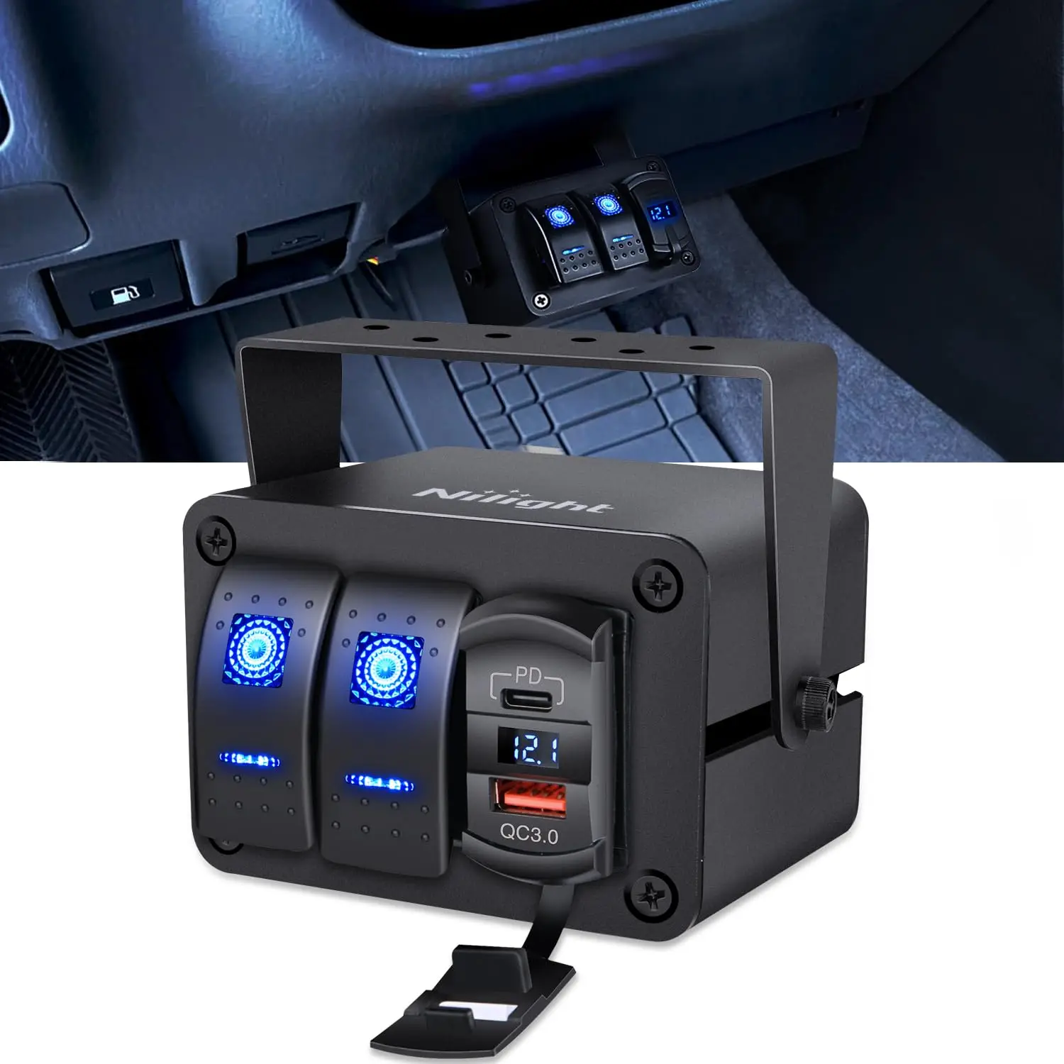 Nilight 2 Gang Rocker Switch Box 12V SPST ON Off PD Type C and QC 3.0 USB Charger Voltmeter Waterproof Aluminum Panel DIY Stickers for Boats Cars RVs Trucks