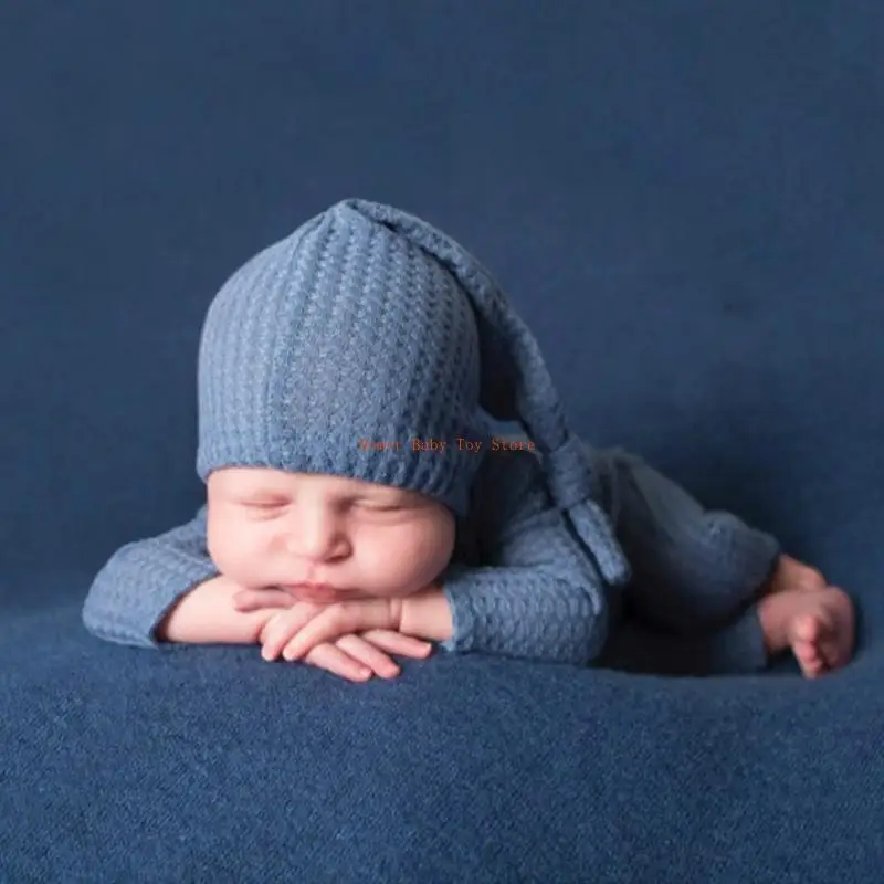 

J0PF 2 Pcs/Set Newborn Photography Props Baby Boy Girl Romper Hat Set Knitted Jumpsuit Long Tail for Head Wrap Turban Beanie