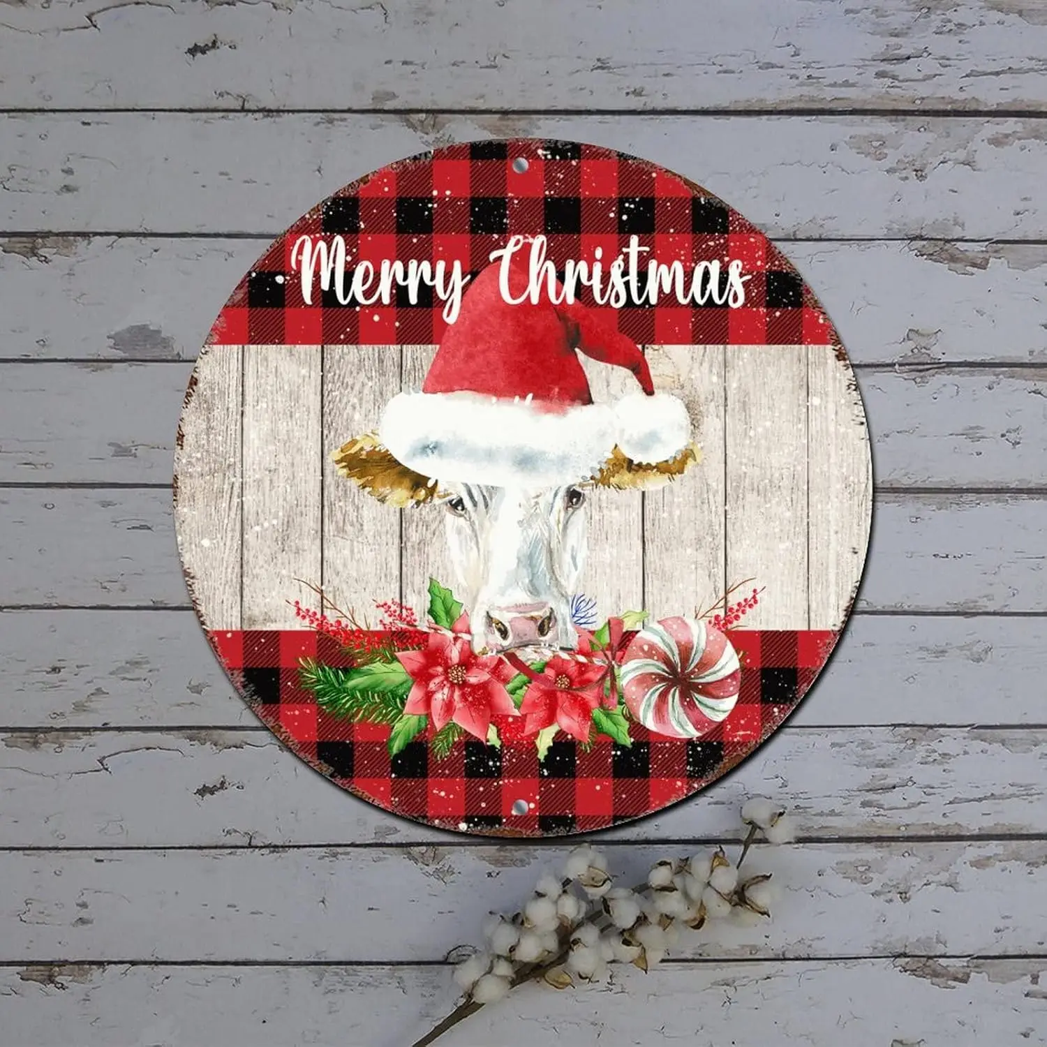 Christmas Red Truck Sign Farm Animal Cow with Santa Hat Buffalo Plaid Wood Grain Round Metal Tin Sign Christmas Joy Decor Rustic