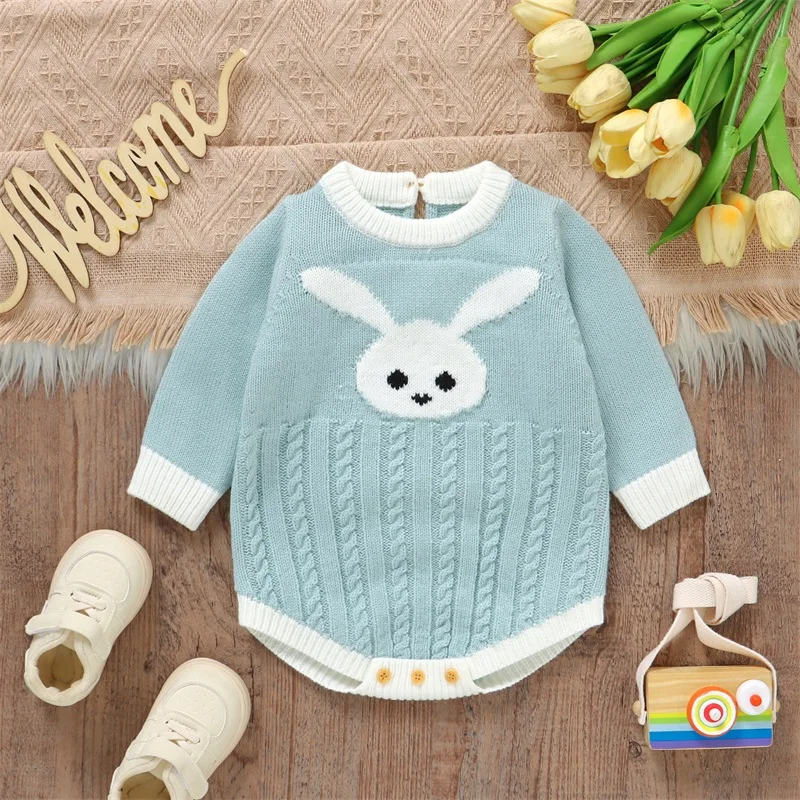 Newborn Baby Romper Infant Baby Knited Outfits Bunny/Heart Print Long Sleeve Jumpsuit for Boys Girls 1Piece Overall