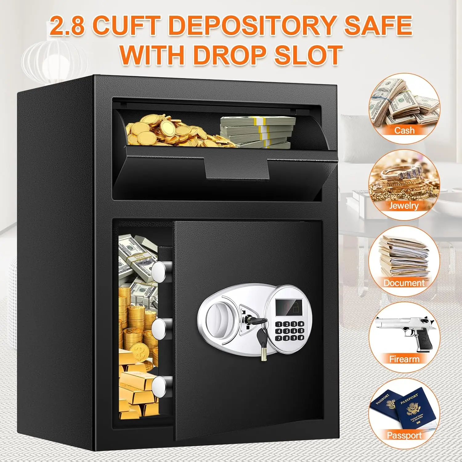 2.8 Cuft Depository Safe with Drop Slot, Anti-Theft Cash Drop Safe with Digital Keypad, Heavy Duty Drop Slot Safes with LCD Disp