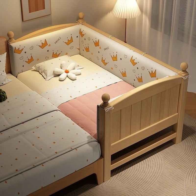 Solid wood splicing bed Wide large bedside male and female babies Single small bed Children's bed with guardrail Adjustable crib