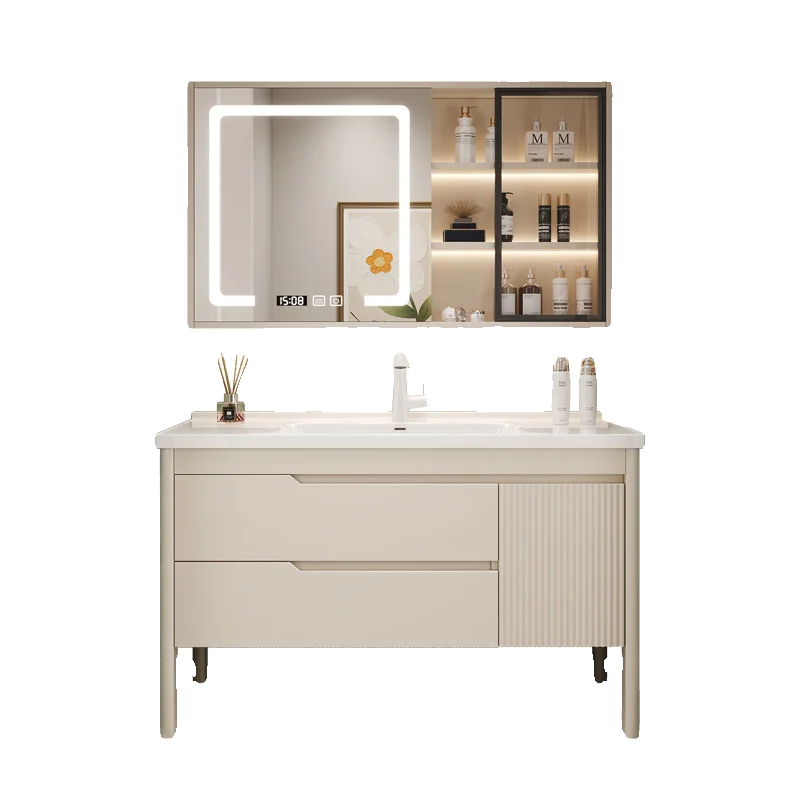 

Французский кремовый напольный шкаф из дуба ветра, керамическая встроенная раковина из массива дерева, умный светильник, роскошный шкаф для ванной комнаты, ручная стирка лица