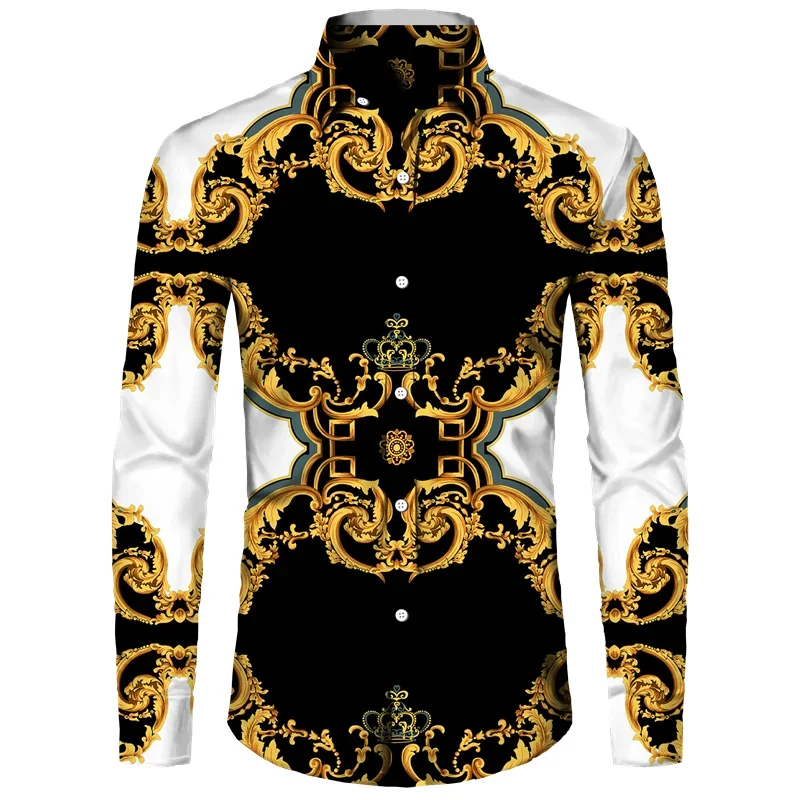 Camisa de manga larga con estampado 3D de cadena de flores doradas para hombre, ropa informal de diseñador de lujo, ropa de calle, camisas con botones de solapa