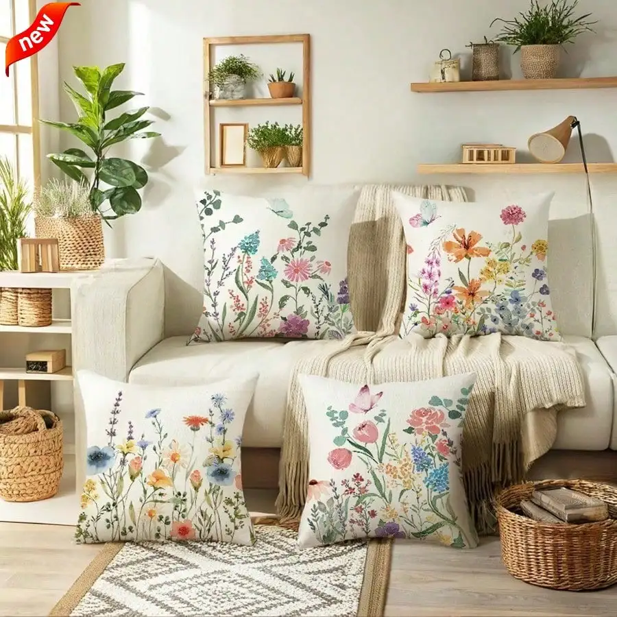 4Pcs, Watercolor Wildflower Butterfly Pattern Pillow Covers, Single-Sided, Zipper Closure, Machine Washable Polyester - Perfect for Sofa, Living Room, Bedroom Decor, Decorative Pillows.