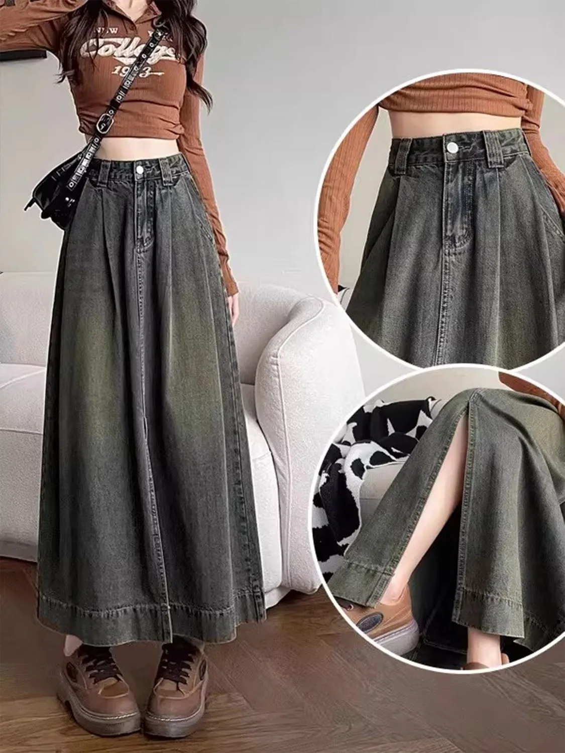 New Front Button Denim Long Skirts Womens Spring Vintage Pocket Long Jeans Skirt Front Split High Waist Women Long Caual Skirt