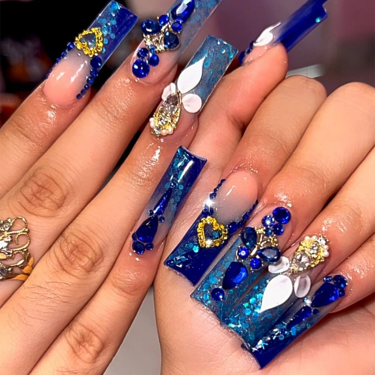 24Pcs Blue Long Coffin False Nails Star Heart With Rhinestones French Design Wearable Fake Nails Glitter Press On Nails Tips Art