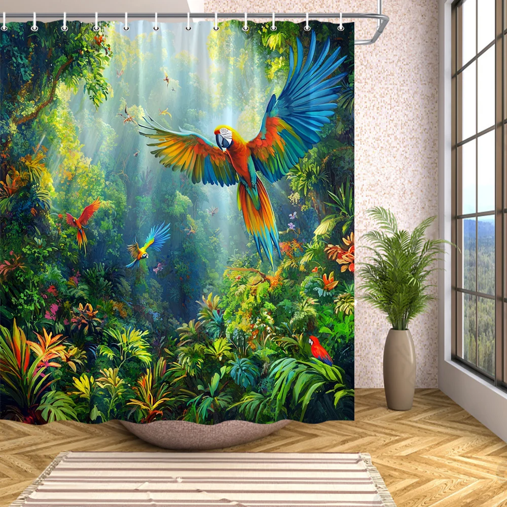 Rainforest Shower Curtain Tropical Jungle Parrot Print Waterproof Fabric Bathroom Curtains with Hooks Exotic Bird Home Decor