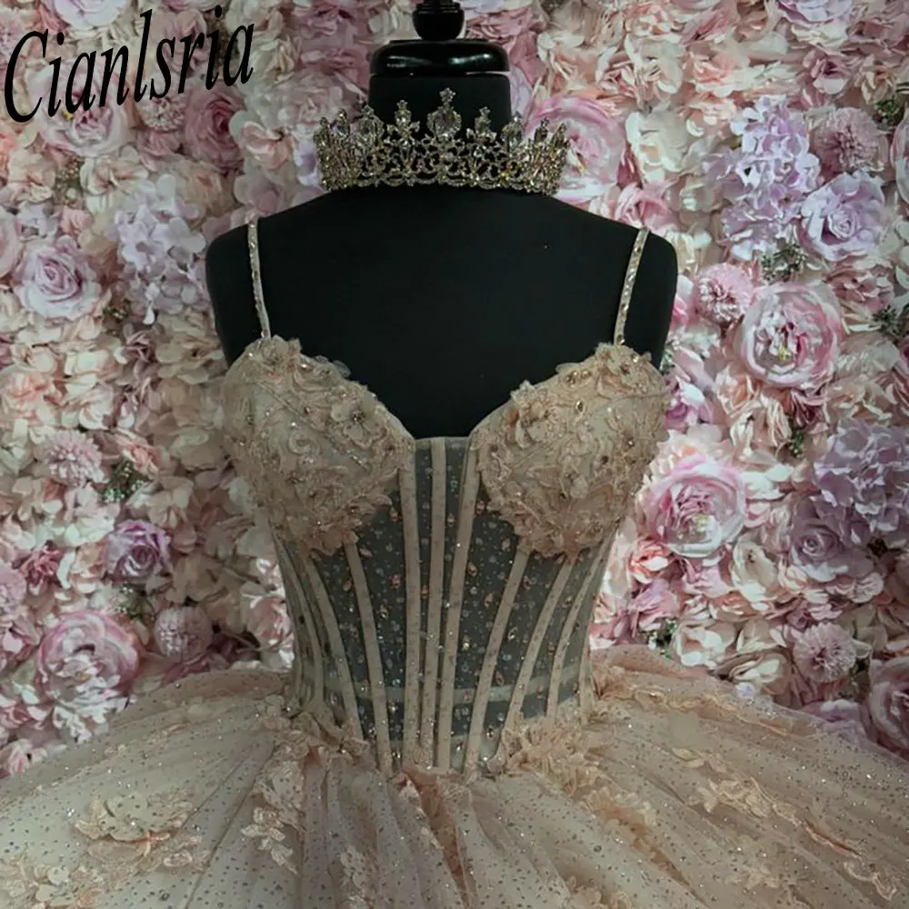 Champagne Illusion Spaghetti Strap Quinceanera Dresses Ball Gown Appliques Beading Bow Customized Corset Vestidos De XV Anos