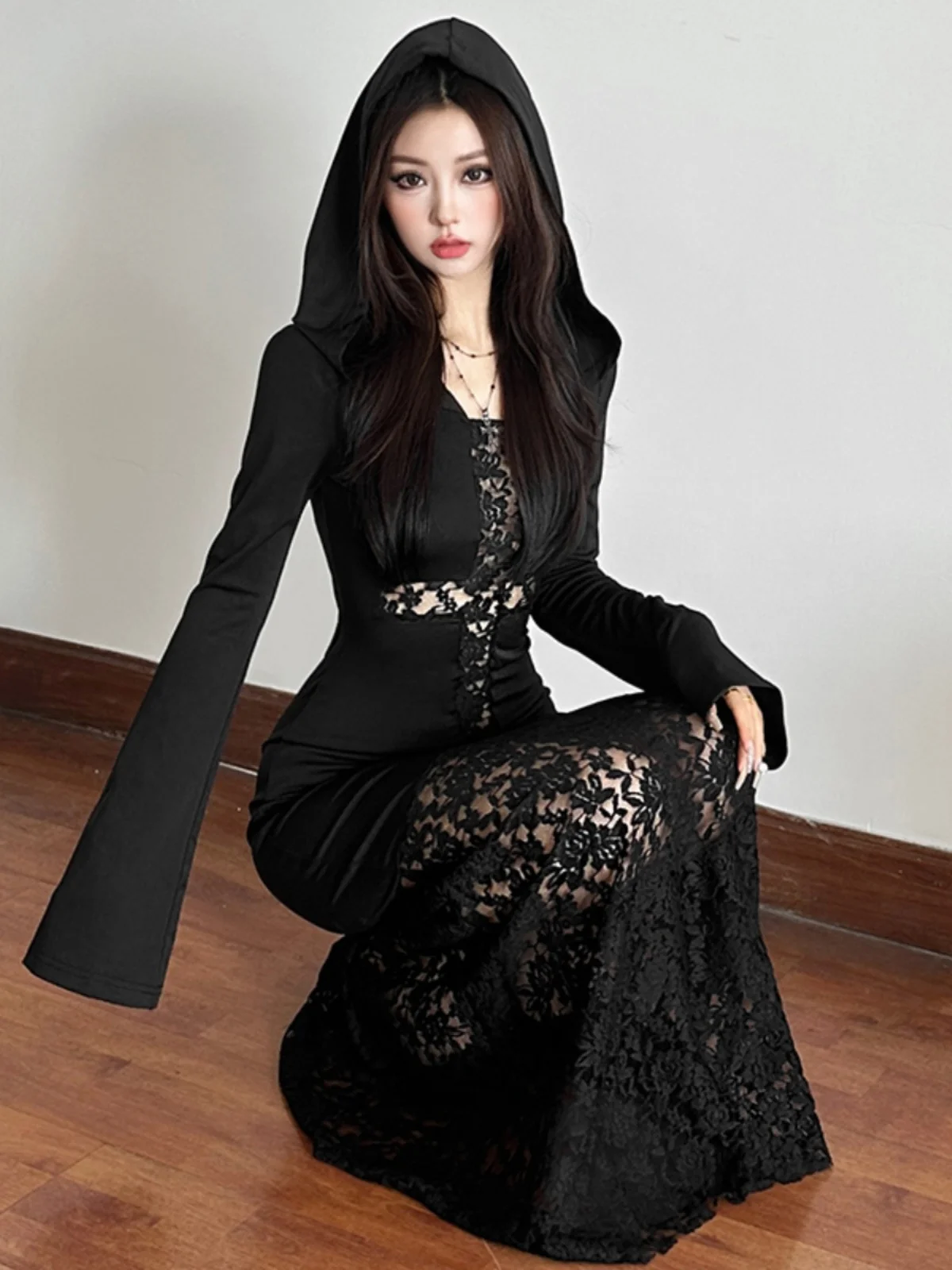 Sisjuly Halloween Witch Sle Hollow Out Cross Design Kapuzen Dr Damen Vintage Crossbody Long Sve Maxi Dr