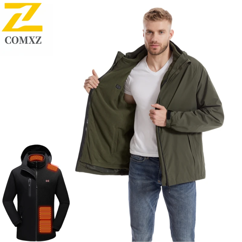 COMXZ cortavientos con calefacción inteligente de 15 zonas para hombre, chaqueta térmica de lana 3 en 1, abrigo impermeable con calefacción USB para invierno, caza en nieve y tiro con arco ​