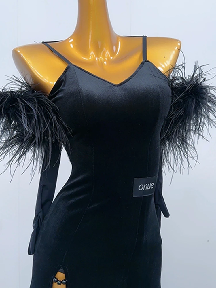 블랙 볼룸 댄스 드레스 여성 현대 표준 댄스 공연 복장 왈츠 경연 대회 옷 민소매 롱 드레스 2473