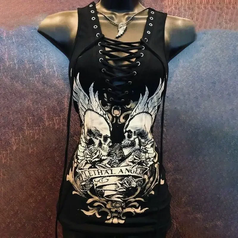 Dark Gothic Skull Print Tie Up Y2K Spicy Girl Slip Dress Summer New Fashion Slimming Tie Up Mid length Tank Top Women Clothing