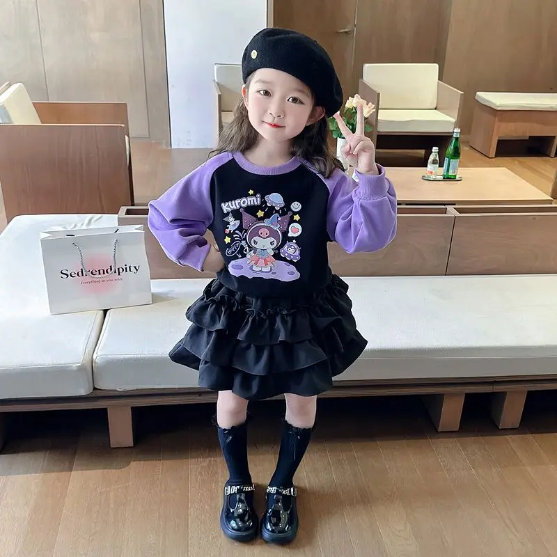 2Pcs Girls' Clothes Spring Autumn Sanrios Fashion Sweater Pleated Skirt Y2K Cartoon Tutu Skirt Kids Fashion College Style Set