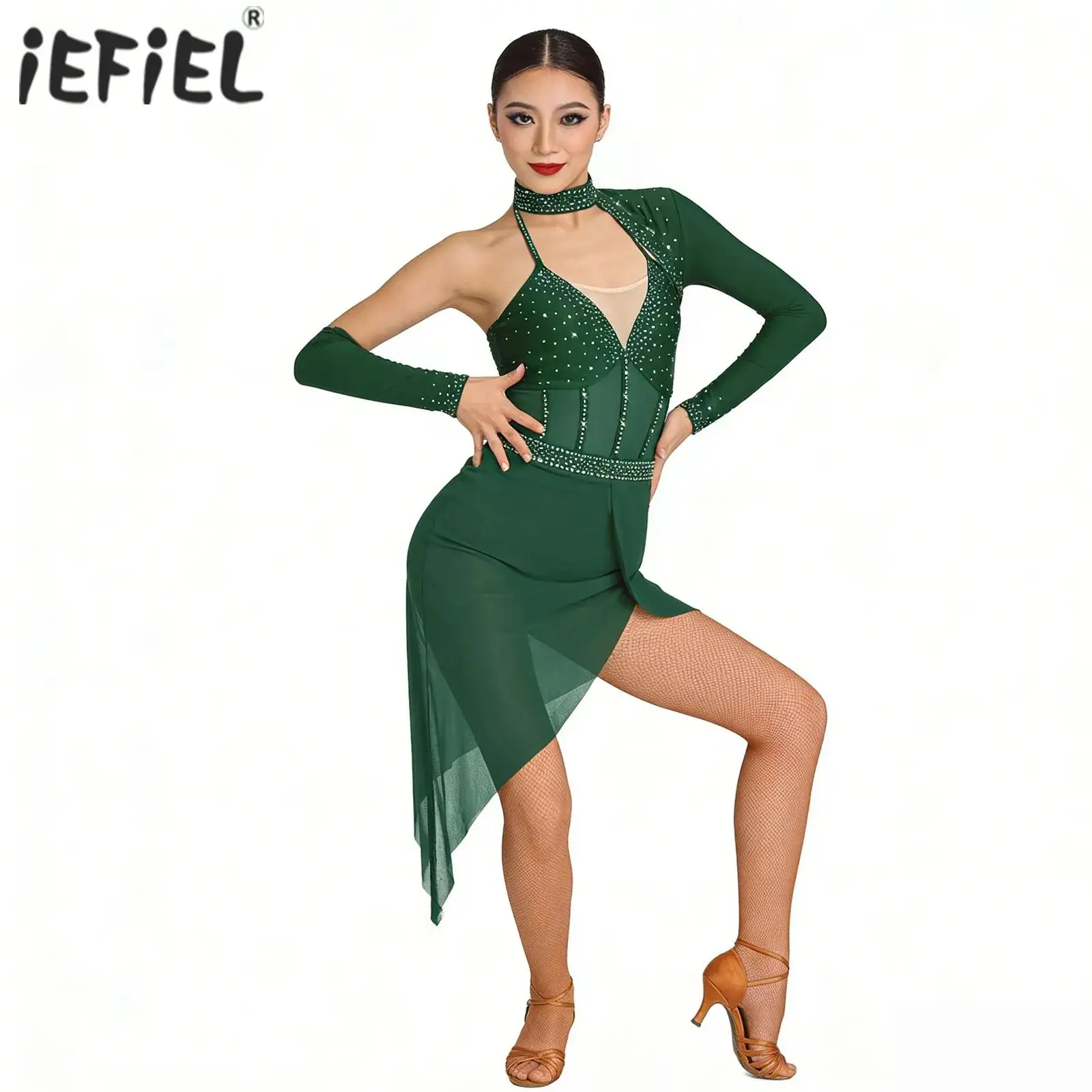 Womens Latin Ballet Dance Dress Dancewear Halter Neck Rhinestone Long Sleeve Performance Dress Asymmetric Mesh Ballroom Costume