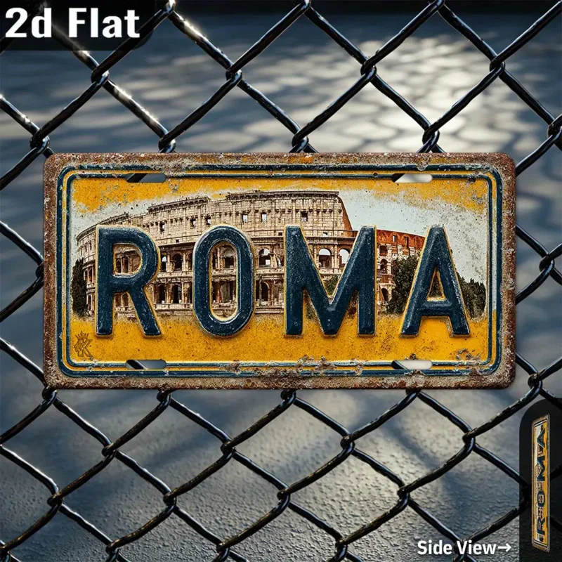 2D Flat, 1pc Vintage Aluminum Roma Italy License Plate Wall Art - 12