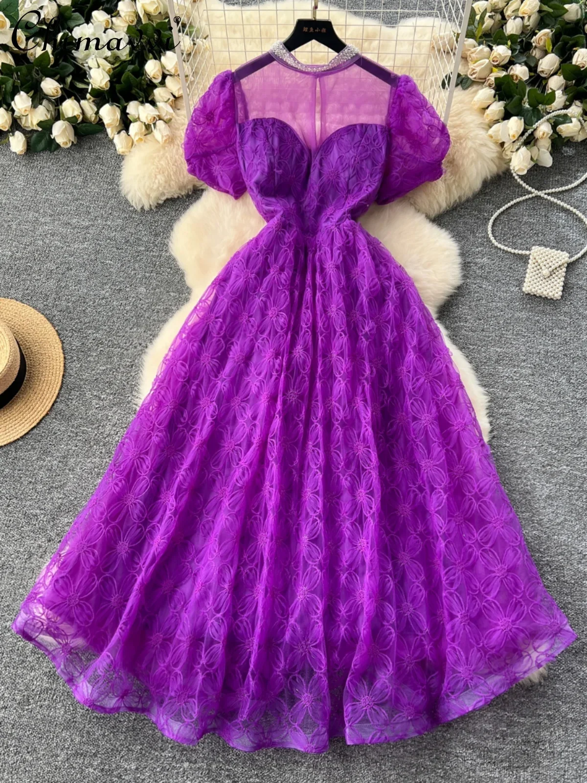 

French Retro Court Style Elegant Evening Dress Women Diamond Round Collar Mesh Embroidered Puff Sleeves High Waist Long Dress