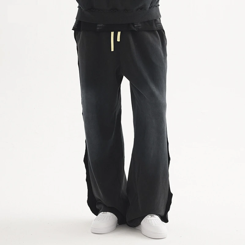 

Mens American Street Trend Spray Wash Trousers High Quality Loose Fit Distressed Edge Patchwork Casual Pants