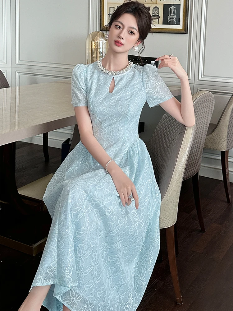 Elegant Sweet Lace ชุดเย็บปักถักร้อยเสื้อผ้าผู้หญิงอย่างเป็นทางการโอกาสเพิร์ลเลื่อม Swing ยาว Robe หญิง Party Prom Vestido Lady