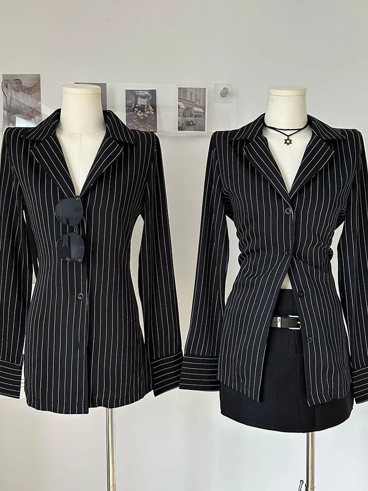 2000s Aesthetics Outfits 2 Piece Skirt Set Striped Blouses + Black A-Line Skirts Gothic Office Lady Fashion Classical New Trend