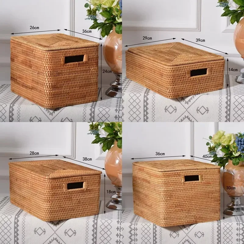 Brown rattan storage basket with lid Handmade rectangular woven rattan basket with lid and wicker basket Home cloth