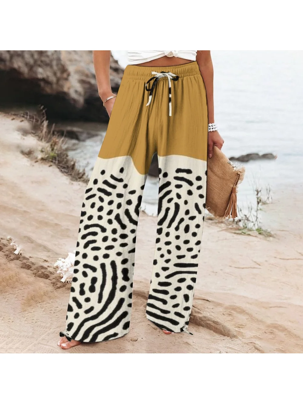 Women's Casual Polka Dot Printing Straight-Leg Pants Fashion Splicing Luxury Elastic Waist Design Wide-Leg Pants New