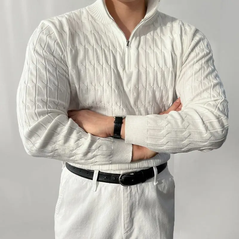 

Autumn Winter Zipper f High Ne Men's Loose Linen Knitted Sweater Casual Busin Trendy All-Match Outerwear Top