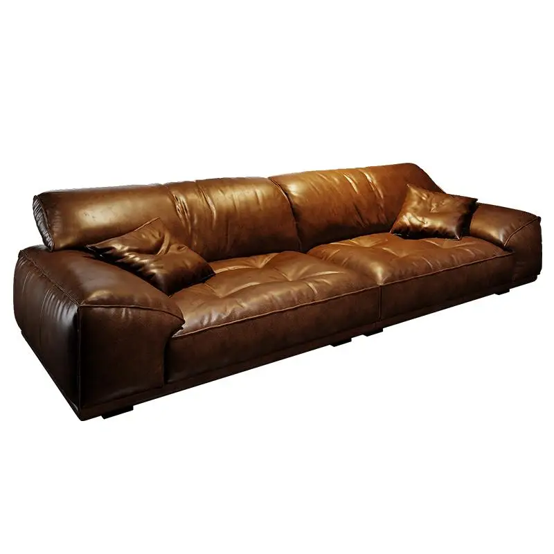 

Leather sofa brown living room oil wax leather sofa new retro style three