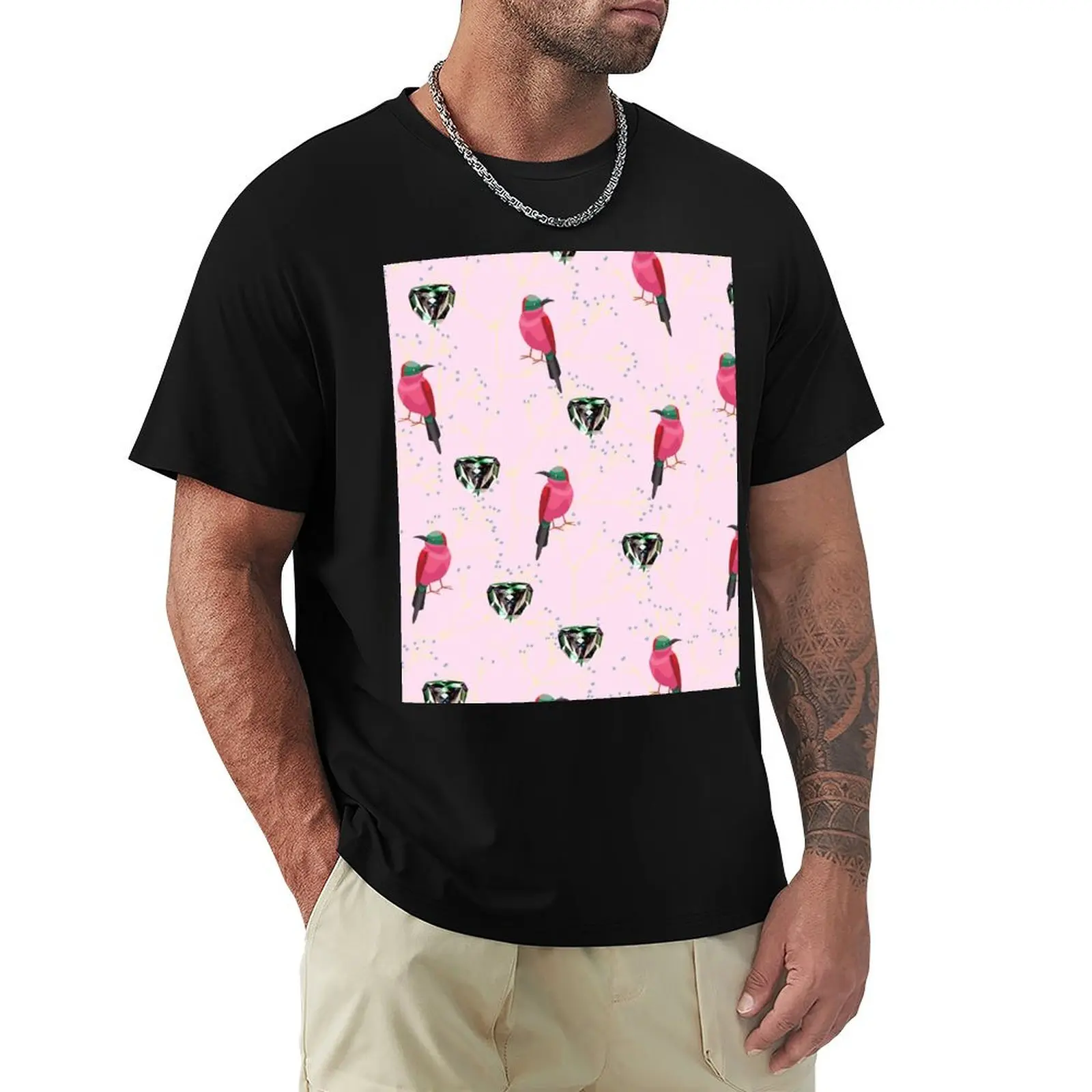 pink bird exotic emerald pattern Graphic T-Shirt Holiday All Match T-Shirt