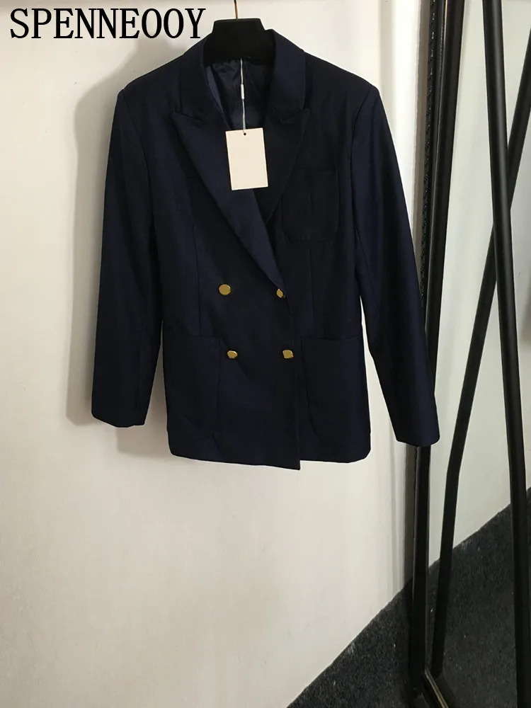 SPENNEOOY Fashion Runway Autumn Office Lady Dark Blue Suit Jacket Women\'s Ulster Collar Long Sleeve Pocket Double Breasted Coat