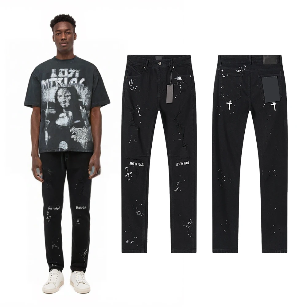 

Streetwear Clothing Men's Distressed Dot Printed Slim Fit Jeans Hiphop Street Style Cotton Casual Retro Ripped Straight Trousers