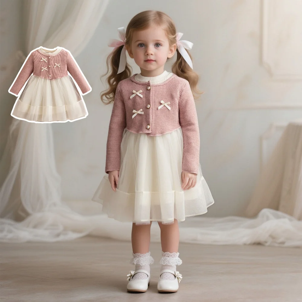 

Платье для девочек, весенне-осеннее фатиновое платье с бантом и длинными рукавами для маленьких девочек, очаровательный свадебный наряд с цветочным узором для девочек, одежда для маленьких девочек