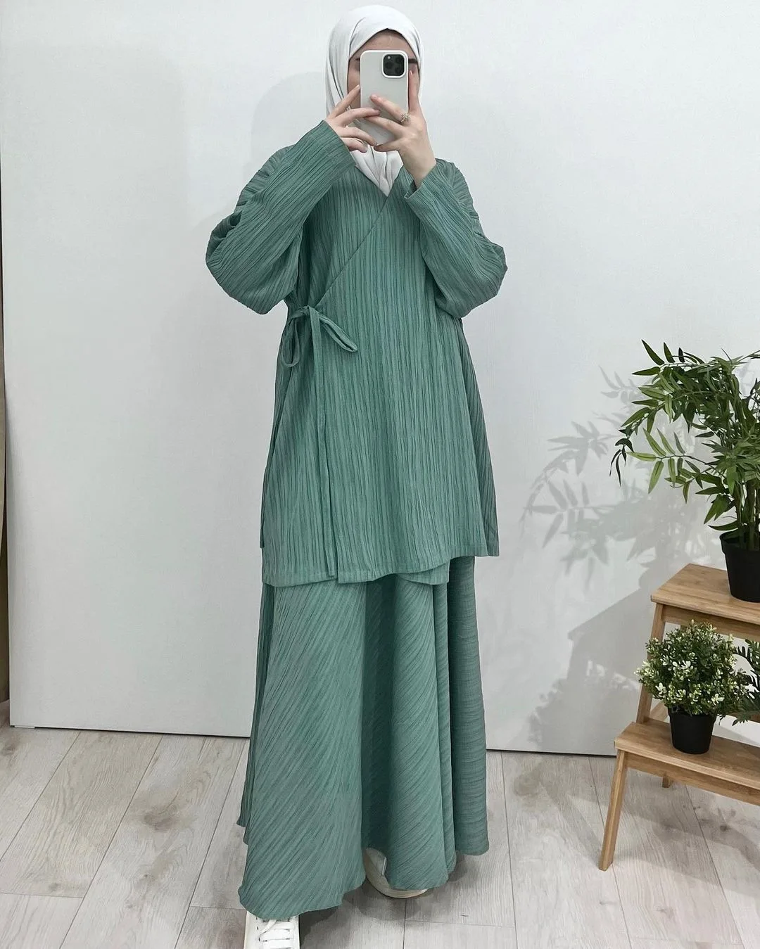 Women Eid Muslim Sets Blouses Loose Skirts Musulman Ensemble Dubai Islam Solid Modest Ramadan Casual Pleated Two Pieces