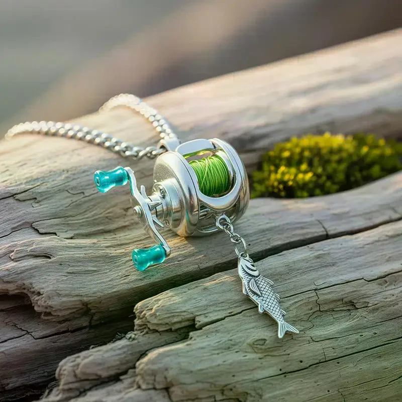 Mini Fishing Reel Necklace Fishing Rotating Handle & Moving Line Guide Spinning Reel Keychain Backpack Charm For Fishermen
