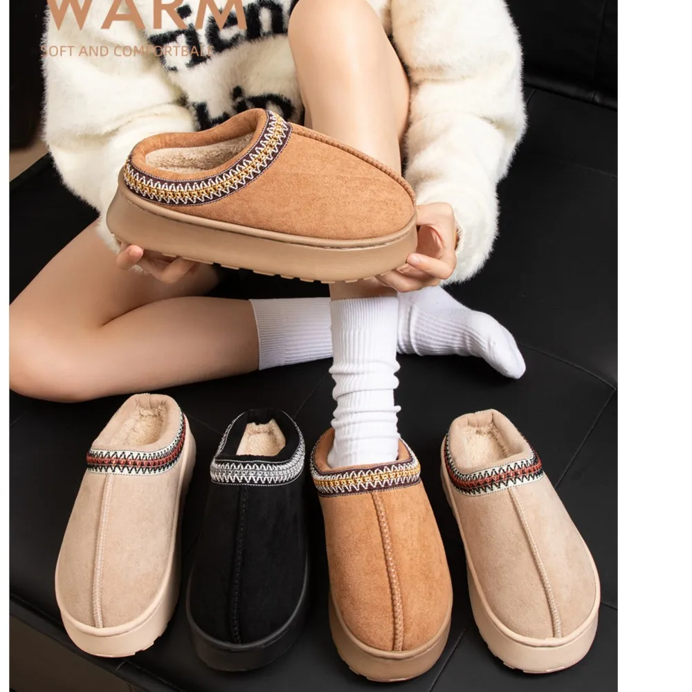 Feslishoet Winter Woman Slippers Plush Interior Anti Slip Sole Thick Bottom Embroider Fashion Warm Slippers Use Outdoor Indoor