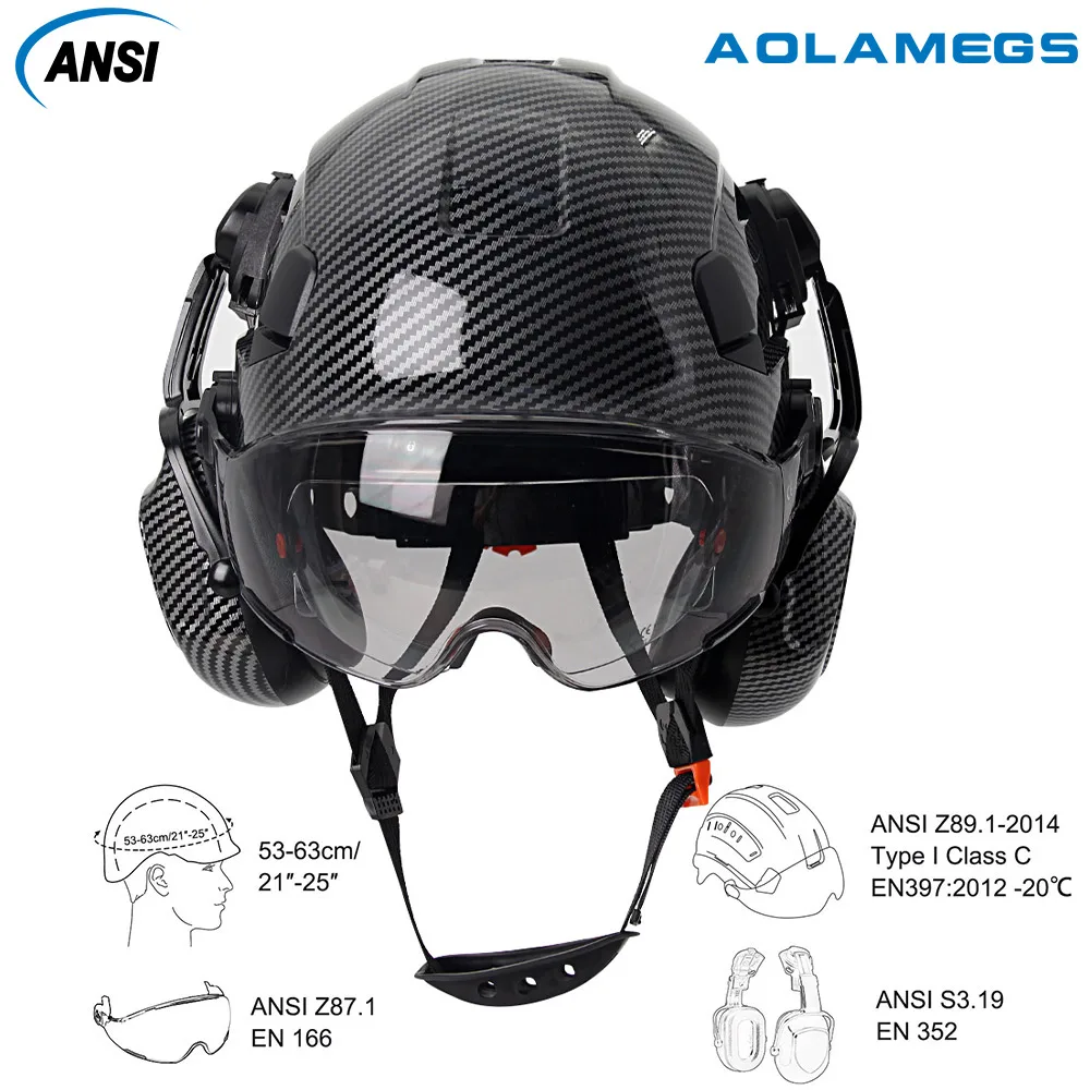 CE Carbon Fiber Safety Helmet W/ Earmuffs Double Goggles ABS Construction Hard Hat For Engineer High Quality Work Cap ANSI