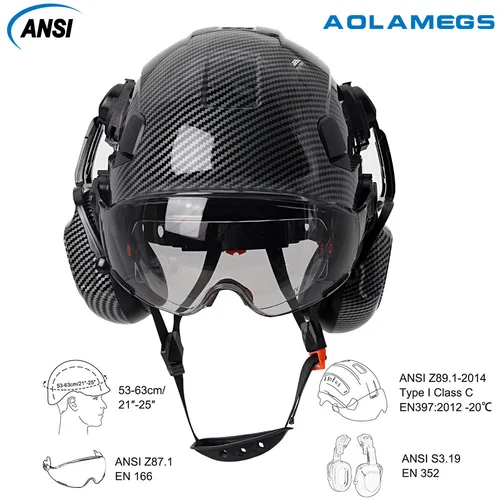 Imagen 2 del producto Casco de seguridad de fibra de carbono CE con orejeras, gafas dobles, casco duro de construcción ABS para ingeniero, gorra de trabajo de alta calidad ANSI
