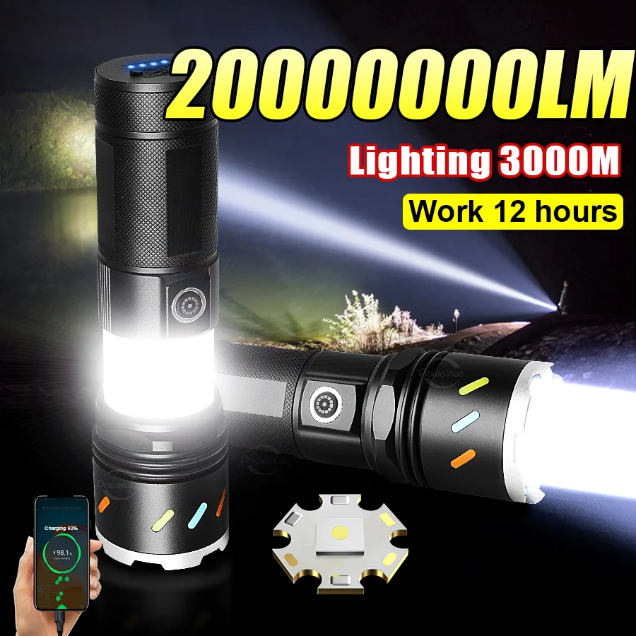 

20000000LM Most Powerful LED Flashlights 3000M Tactical Torch Rechargeable Portable Lamp With COB Light Outdoor Camping Lantern