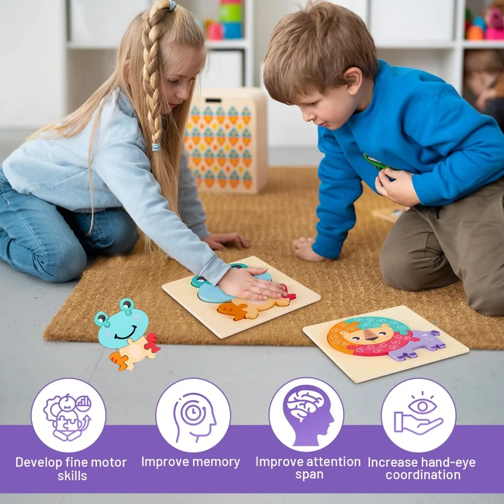 3D Children Wooden Puzzle Cartoon Embedded Animal Jigsaw Puzzles 2 in 1 Animal Cognition Early Learning Puzzle Set
