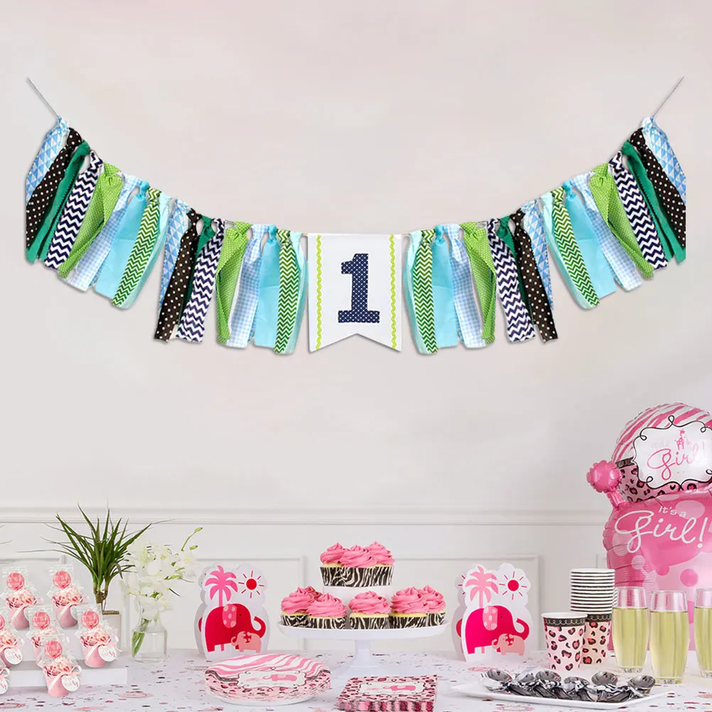 

Birthday Decoration Flag Bunting Sky-Blue Baby 1St Year Chair Banner High Chair Pull Flag Party Supplies Flying Bunting