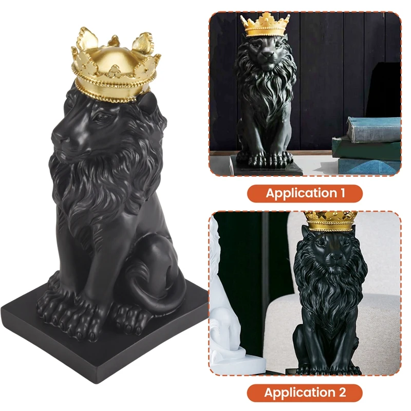 Abstract Crown Lion Statue Home Office Bar Male Lion Faith Resin Sculpture Crafts Animal Art Decor Ornaments - Black-AT35