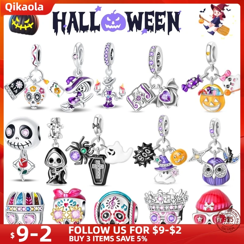 New in 925 Silver Halloween Collection Charm Glowing skull Beads Fit pand 3mm Bracelet DIY Pendant Woman Jewelry 2024 Hot Sale