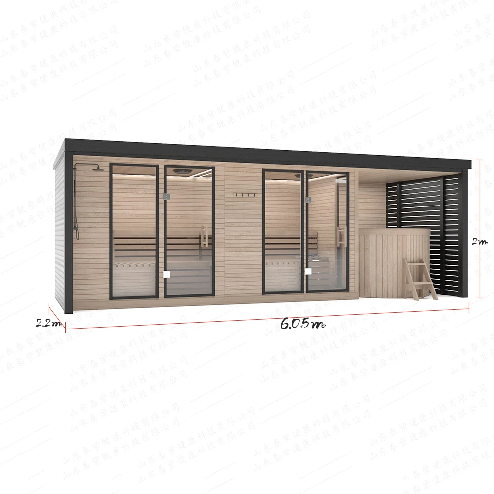 Outdoor SaunaSolid Wood Outdoor Traditional Wet & Dry Sauna Room Electric Cedar Wood Steam Sauna And Cold Plunge For Villas