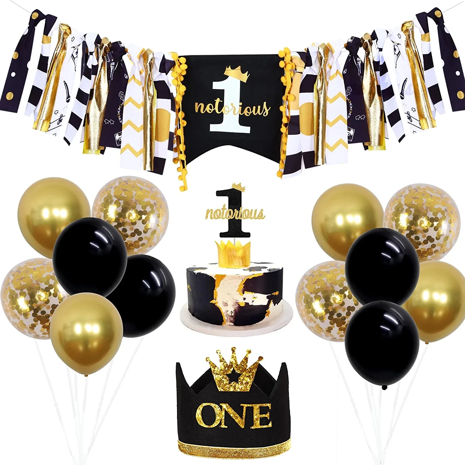 

Cheereveal Hip Hop 1st Birthday Party Decorations Notorious One High Chair Banner Cake Topper Crown Boys First Birthday Supplies