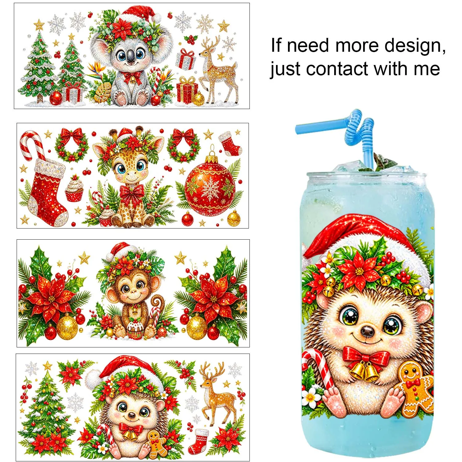 Cute Christmas Animals Rub On 16oz Uvdtf Sticker waterproof DIY Decals 3D transfers uvdtf tumbler stickers 16oz uv dtf cup wraps