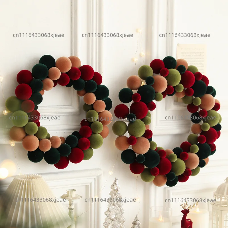 Wreath Christmas Ball String Colored Flocking Round Wreath Christmas Tree Wall Hanging Door Hanging Party Decoration